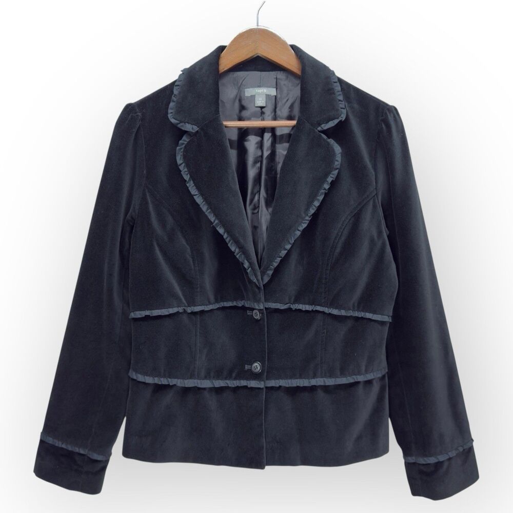 Y2K Apt 9 Velvet Blazer Women Size 12 Black Jacket Dark Academia Career Ruffle